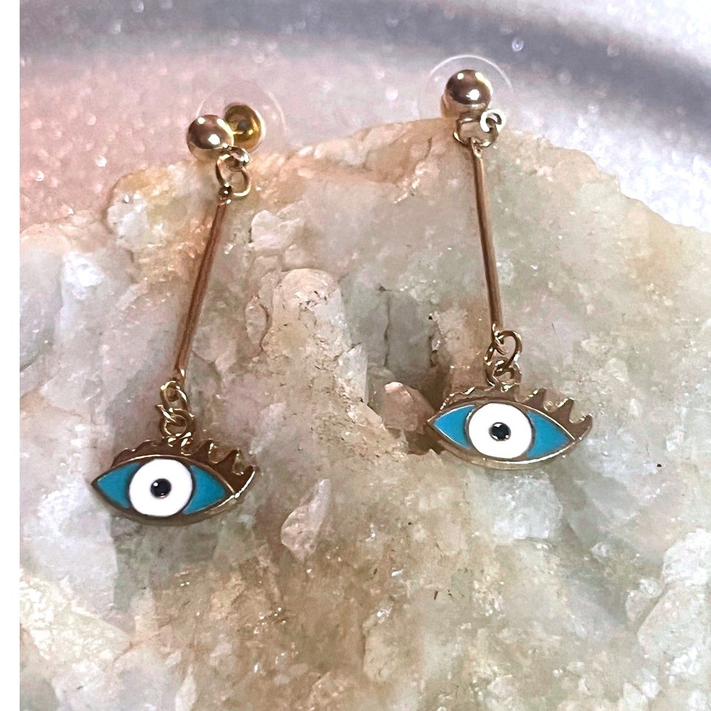 Evil Eye Protection Turquoise 14K Gold Plated Boho Drop Post Earrings -Gift -New